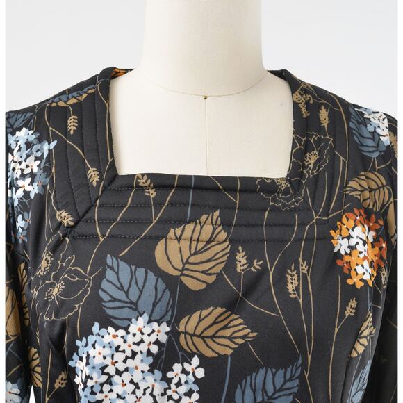 Vintage 70s Black Floral Leaf Print Sheer Sleeve Midi Dress with Tie Belt M - Picture 7 of 7